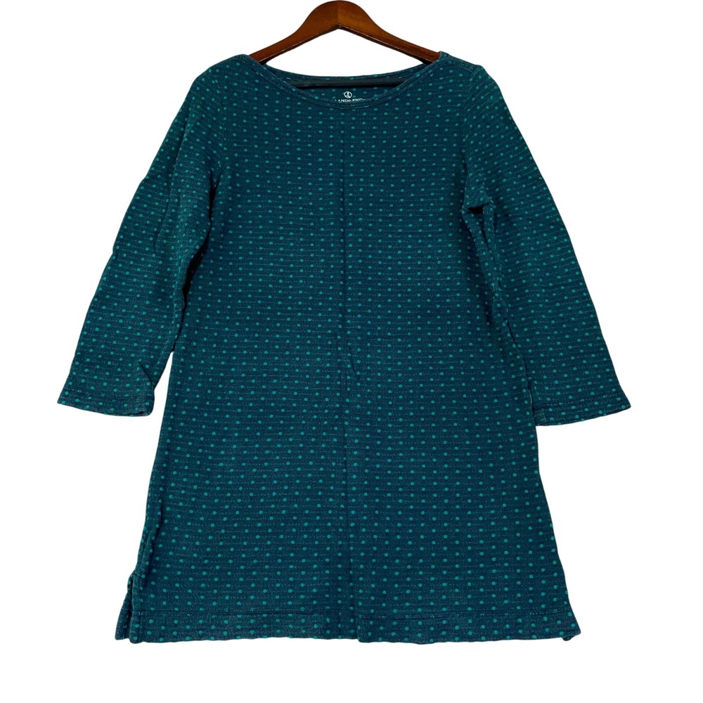 Lands' End Women's M Teal Blue Polka Dot Mini Shift Dress Textured